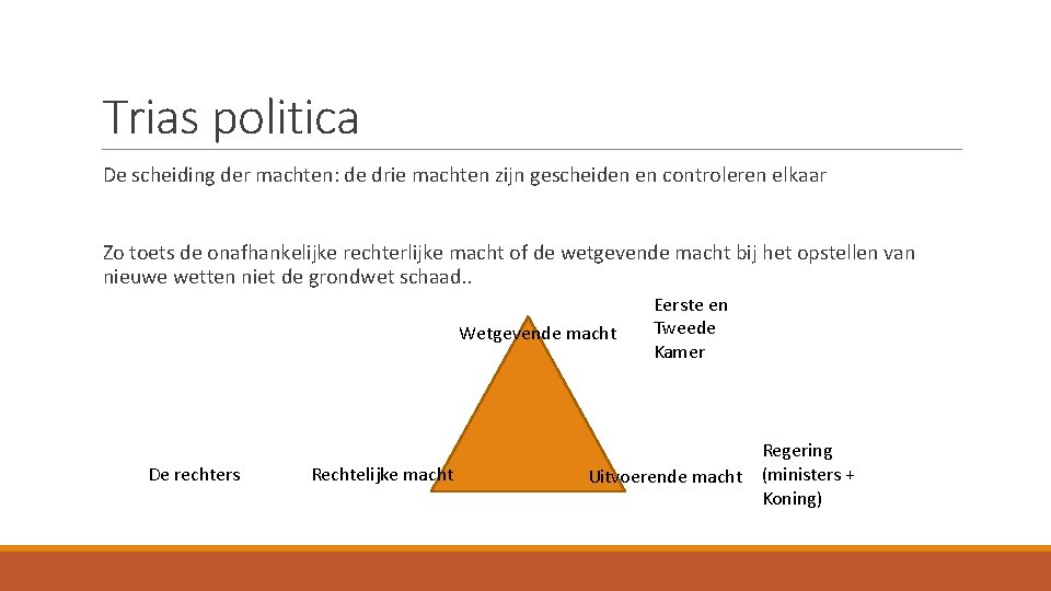 Trias politica De scheiding der machten: de drie machten zijn gescheiden en controleren elkaar