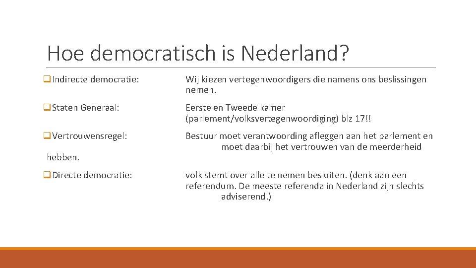 Hoe democratisch is Nederland? q. Indirecte democratie: Wij kiezen vertegenwoordigers die namens ons beslissingen