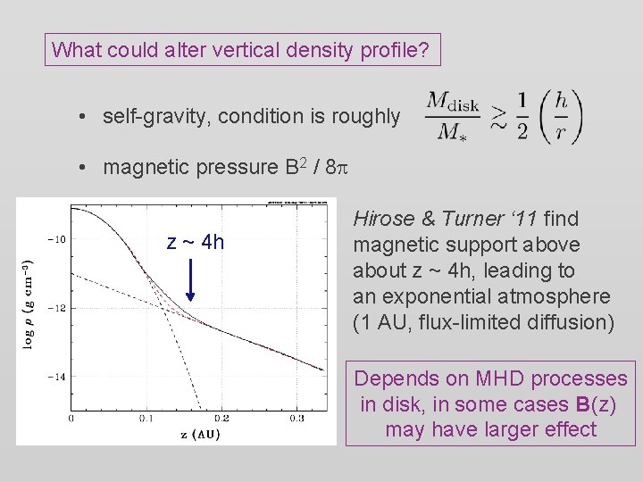 What could alter vertical density profile? • self-gravity, condition is roughly • magnetic pressure