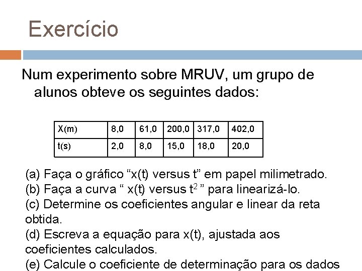 Exercício Num experimento sobre MRUV, um grupo de alunos obteve os seguintes dados: X(m)