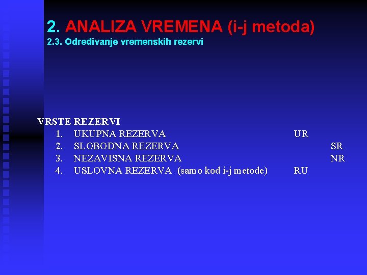 2. ANALIZA VREMENA (i-j metoda) 2. 3. Određivanje vremenskih rezervi VRSTE REZERVI 1. UKUPNA