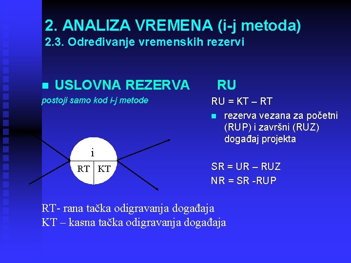 2. ANALIZA VREMENA (i-j metoda) 2. 3. Određivanje vremenskih rezervi n USLOVNA REZERVA postoji