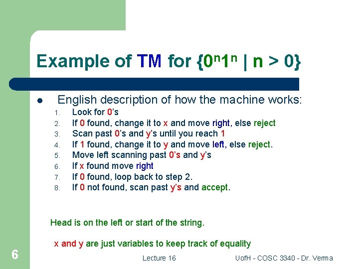 Example of TM for {0 n 1 n | n > 0} l English