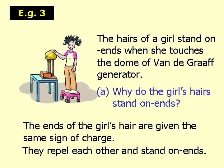 E. g. 3 The hairs of a girl stand on -ends when she touches