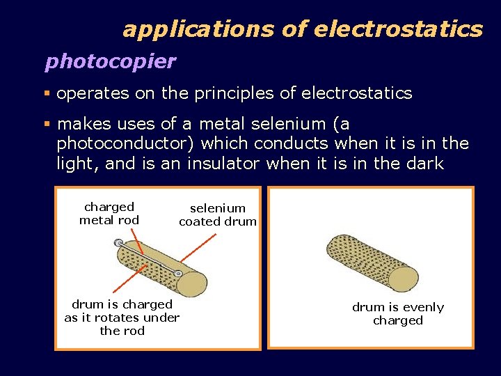 applications of electrostatics photocopier § operates on the principles of electrostatics § makes uses