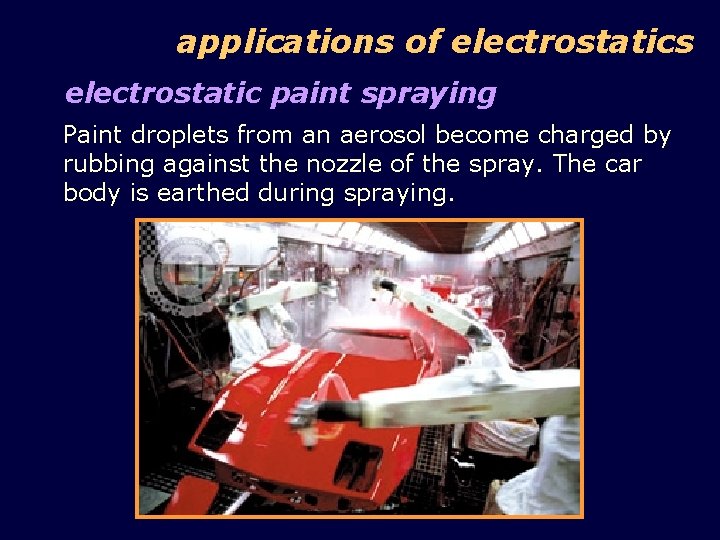 applications of electrostatics electrostatic paint spraying Paint droplets from an aerosol become charged by