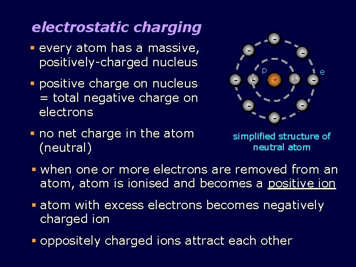 electrostatic charging § every atom has a massive, positively-charged nucleus § positive charge on
