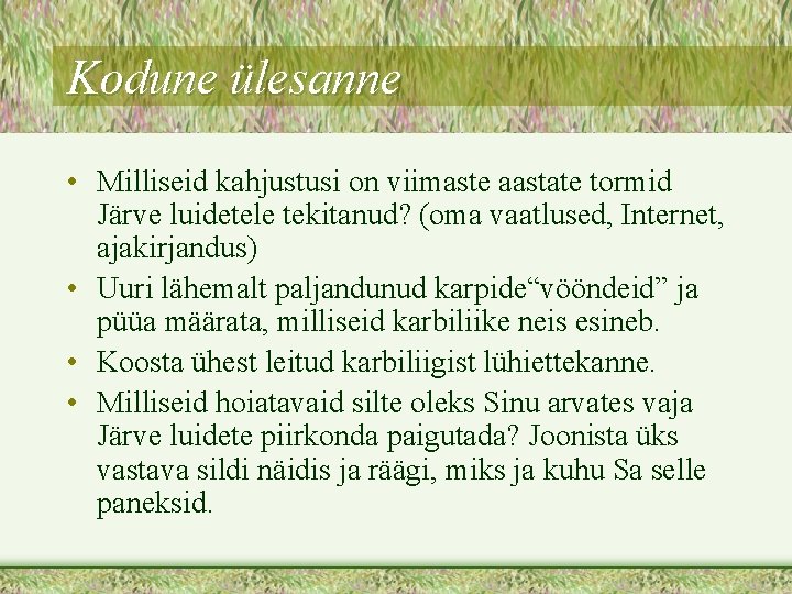 Kodune ülesanne • Milliseid kahjustusi on viimaste aastate tormid Järve luidetele tekitanud? (oma vaatlused,