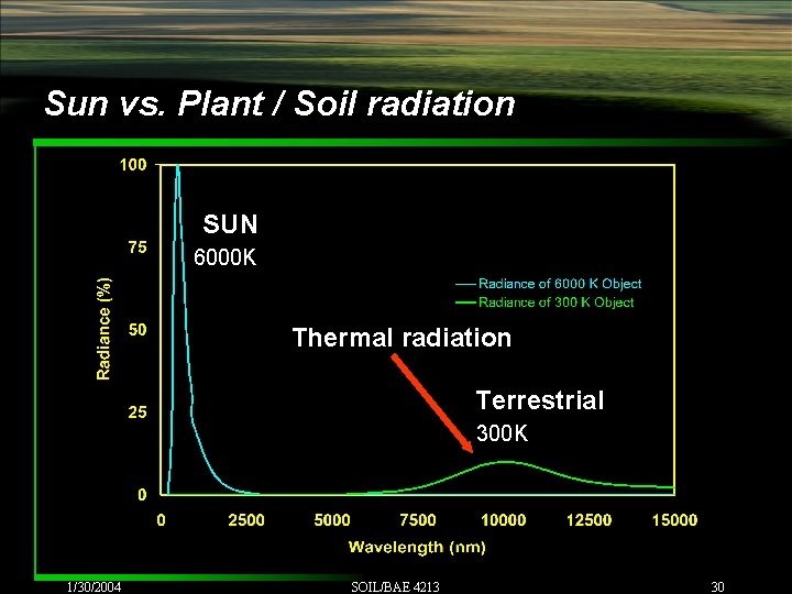 Sun vs. Plant / Soil radiation SUN 6000 K Thermal radiation Terrestrial 300 K