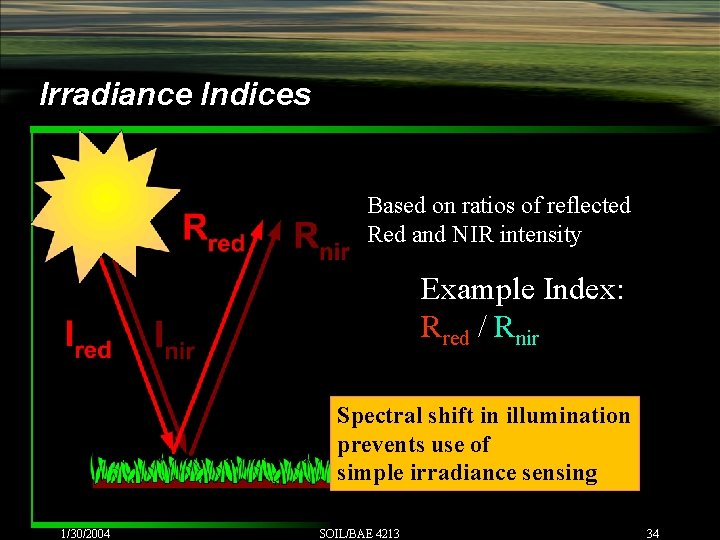 Irradiance Indices Based on ratios of reflected Red and NIR intensity Example Index: Rred