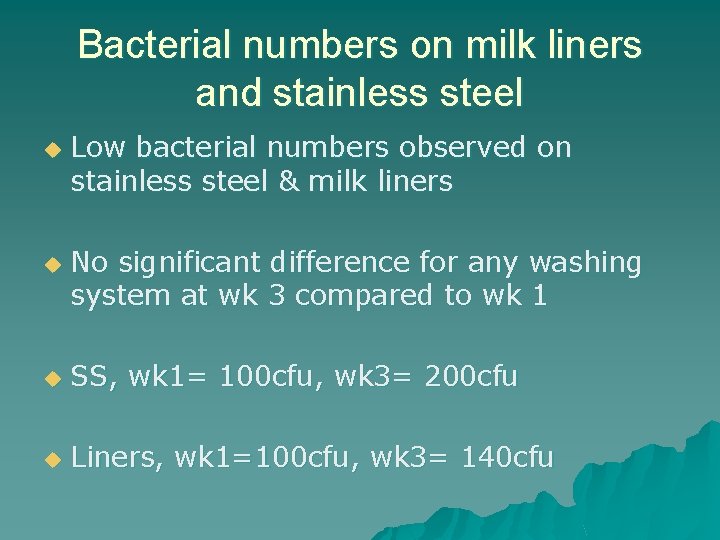 Bacterial numbers on milk liners and stainless steel u u Low bacterial numbers observed