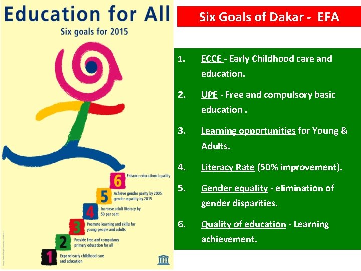 Six Goals of Dakar - EFA 1. ECCE - Early Childhood care and education.