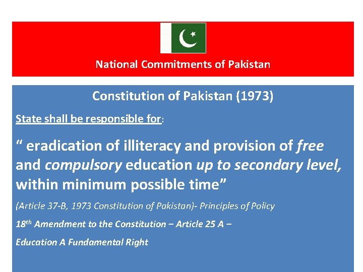 National Commitments of Pakistan Constitution of Pakistan (1973) State shall be responsible for: “