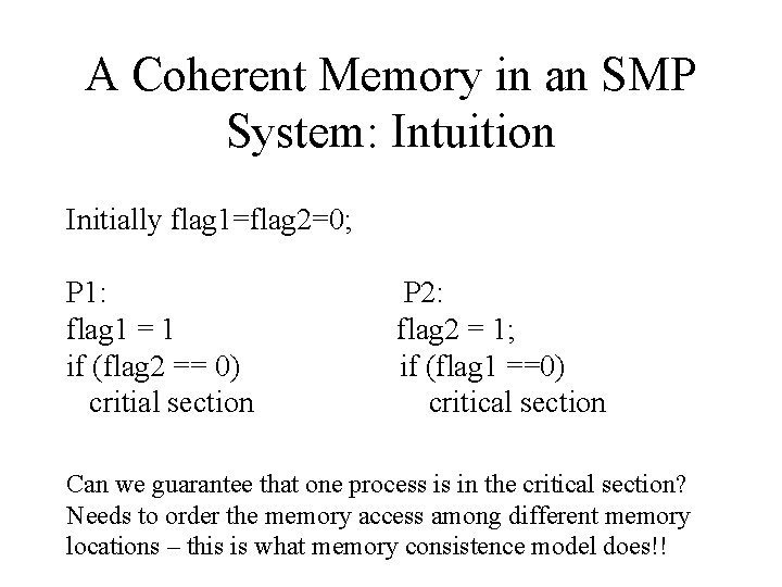 A Coherent Memory in an SMP System: Intuition Initially flag 1=flag 2=0; P 1: