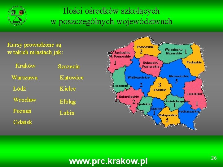 Ilości ośrodków szkolących w poszczególnych województwach Kursy prowadzone są w takich miastach jak: Kraków