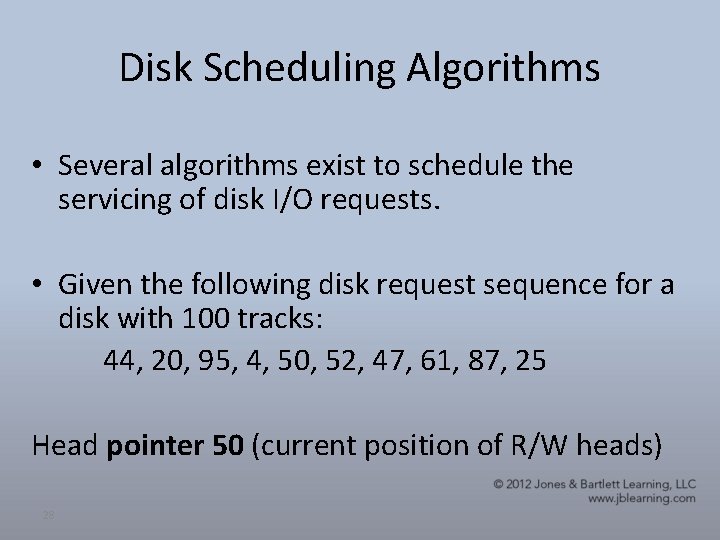Disk Scheduling Algorithms • Several algorithms exist to schedule the servicing of disk I/O Disk Scheduling Algorithms • Several algorithms exist to schedule the servicing of disk I/O