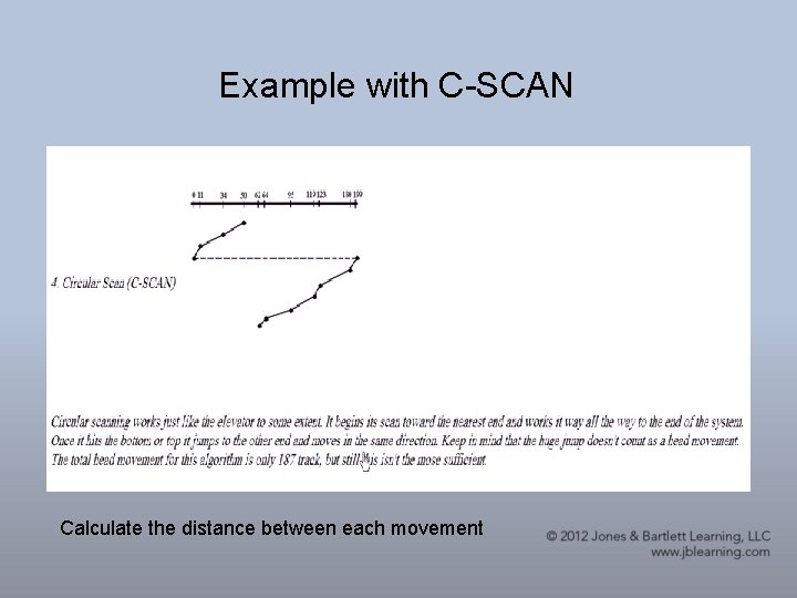 Example with C-SCAN Calculate the distance between each movement Example with C-SCAN Calculate the distance between each movement