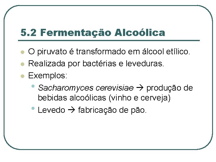 5. 2 Fermentação Alcoólica l l l O piruvato é transformado em álcool etílico.