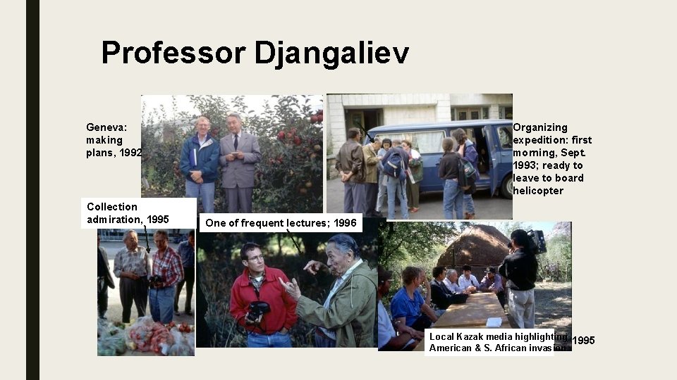 Professor Djangaliev Geneva: making plans, 1992 Collection admiration, 1995 Organizing expedition: first morning, Sept.