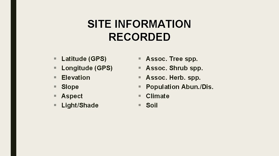 SITE INFORMATION RECORDED § § § Latitude (GPS) Longitude (GPS) Elevation Slope Aspect Light/Shade