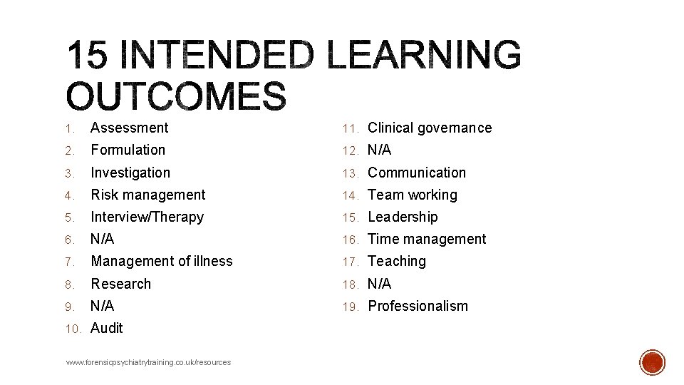 1. Assessment 11. Clinical governance 2. Formulation 12. N/A 3. Investigation 13. Communication 4. 1. Assessment 11. Clinical governance 2. Formulation 12. N/A 3. Investigation 13. Communication 4.