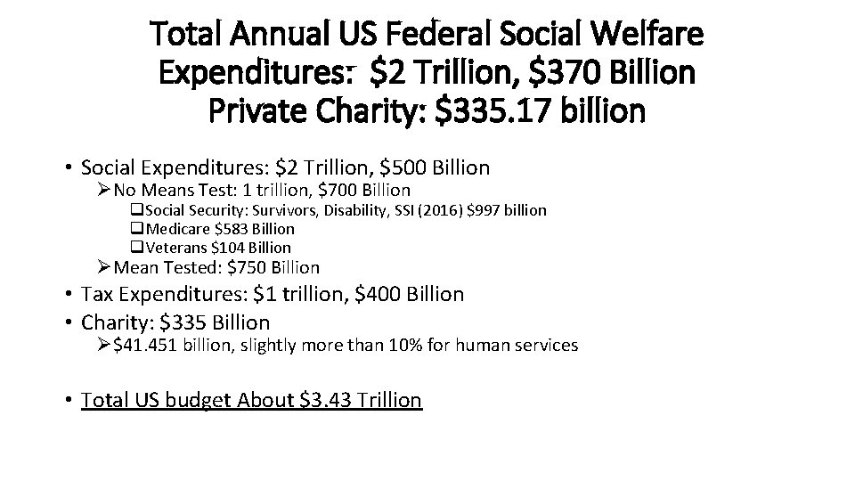 Total Annual US Federal Social Welfare Expenditures: $2 Trillion, $370 Billion Private Charity: $335.