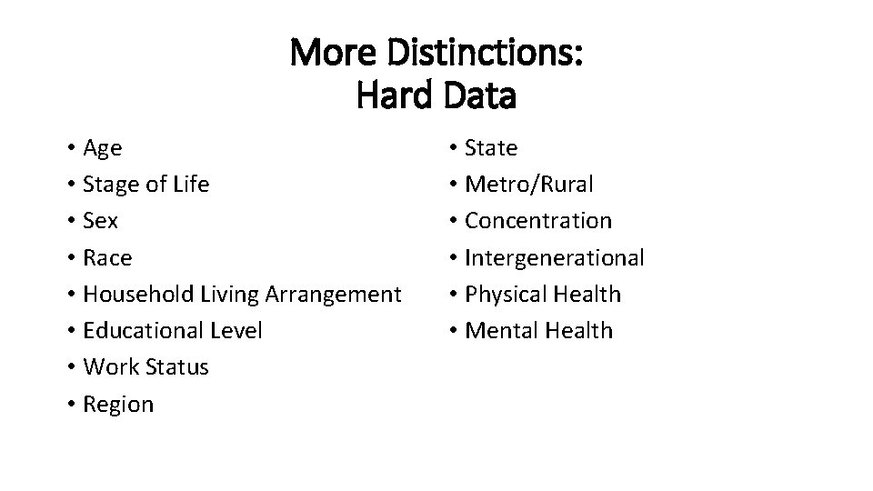 More Distinctions: Hard Data • Age • Stage of Life • Sex • Race