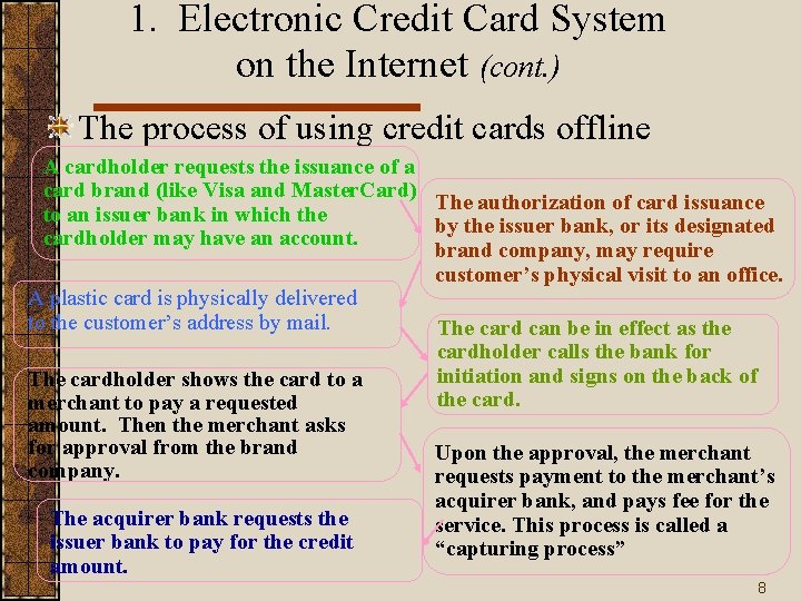 1. Electronic Credit Card System on the Internet (cont. ) The process of using