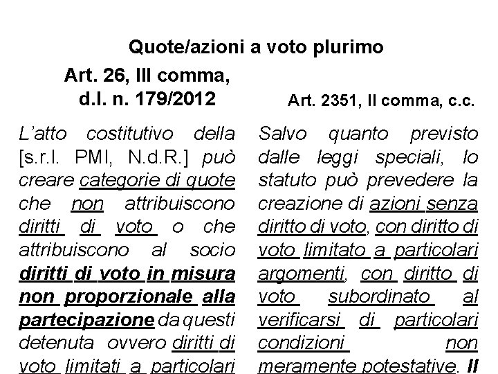 Quote/azioni a voto plurimo Art. 26, III comma, d. l. n. 179/2012 Art. 2351,