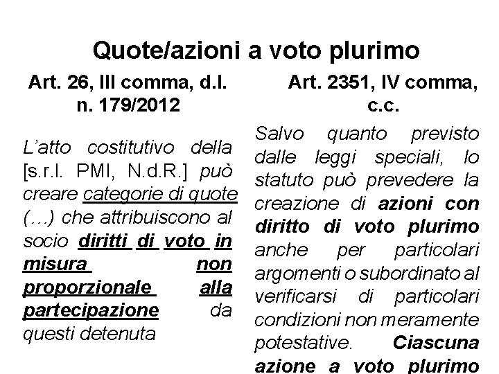 Quote/azioni a voto plurimo Art. 26, III comma, d. l. n. 179/2012 L’atto costitutivo