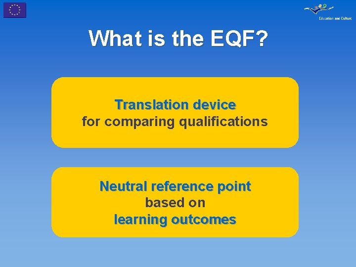 What is the EQF? Translation device for comparing qualifications Neutral reference point based on