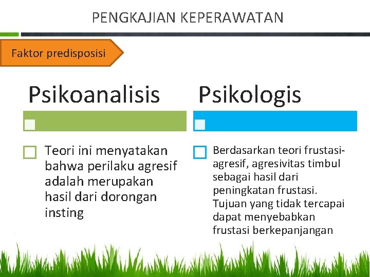 PENGKAJIAN KEPERAWATAN Faktor predisposisi Psikoanalisis Teori ini menyatakan bahwa perilaku agresif adalah merupakan hasil