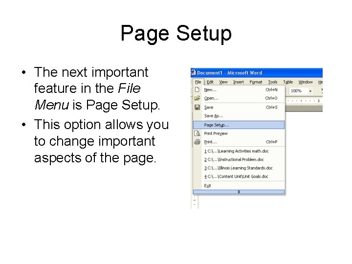 Page Setup • The next important feature in the File Menu is Page Setup.