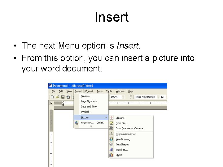 Insert • The next Menu option is Insert. • From this option, you can