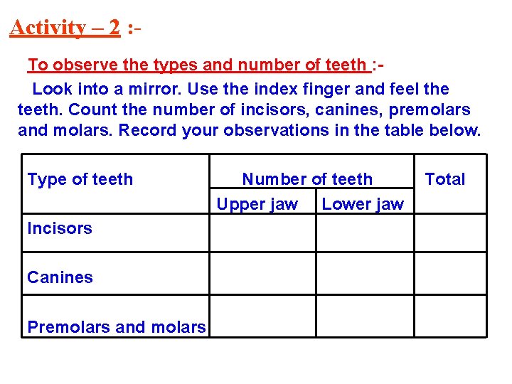 Activity – 2 : To observe the types and number of teeth : Look