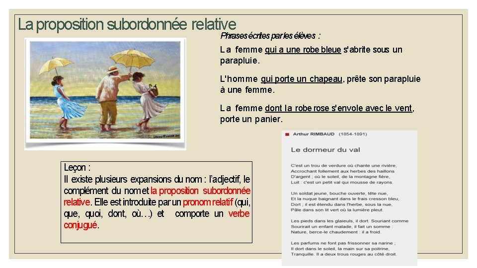 La proposition subordonnée relative Phrases écrites par les élèves : L a femme qui