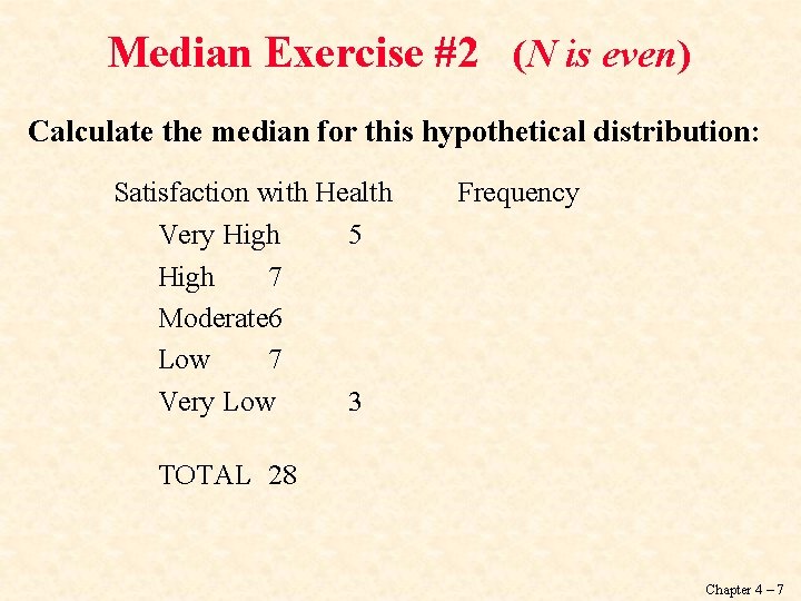 Median Exercise #2 (N is even) Calculate the median for this hypothetical distribution: Satisfaction