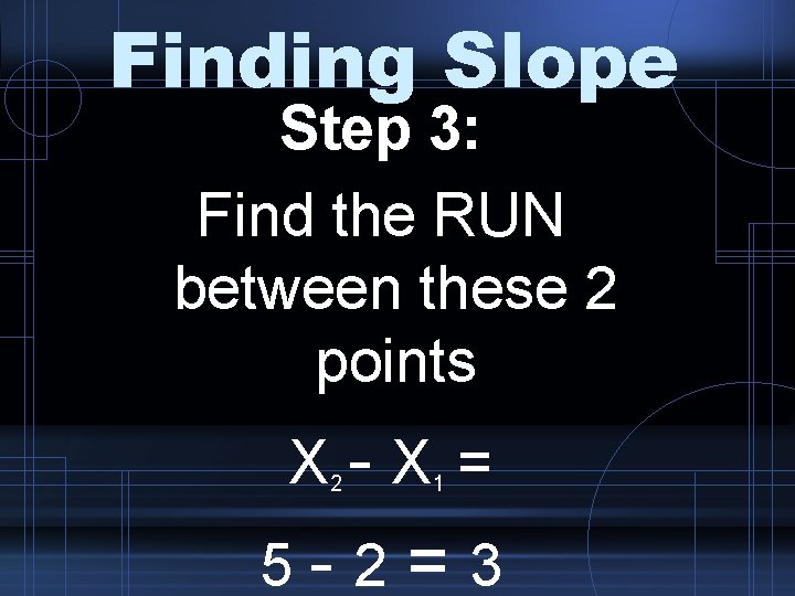 Finding Slope Step 3: Find the RUN between these 2 points X-X = 2