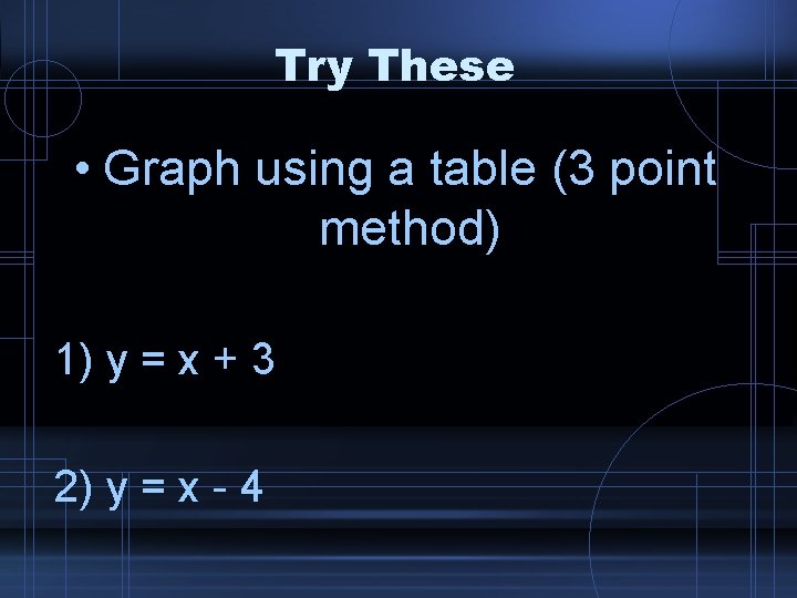 Try These • Graph using a table (3 point method) 1) y = x