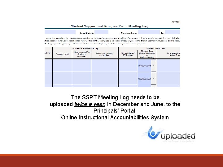 The SSPT Meeting Log needs to be uploaded twice a year, in December and