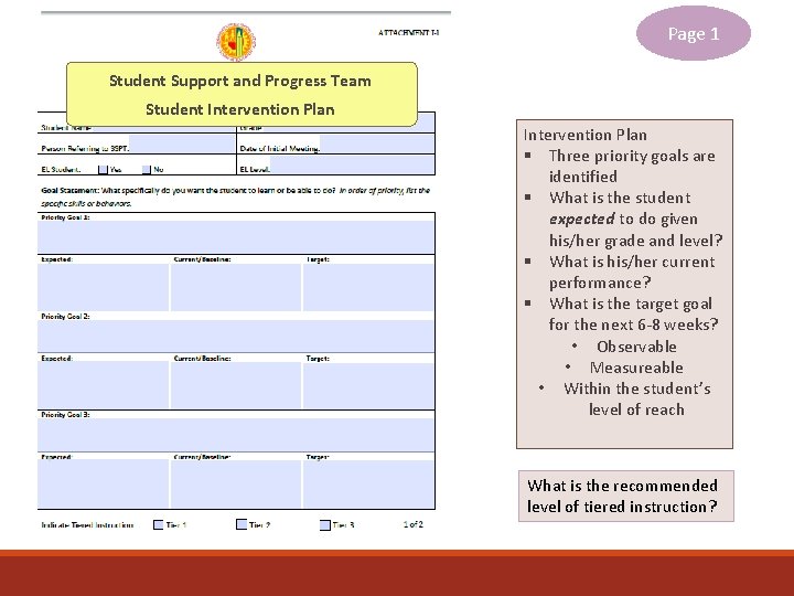 Page 1 Student Support and Progress Team Student Intervention Plan § Three priority goals