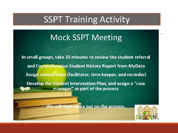 SSPT Training Activity Mock SSPT Meeting In small groups, take 20 minutes to review