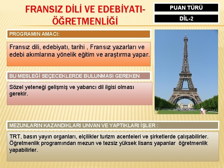 FRANSIZ DİLİ VE EDEBİYATIÖĞRETMENLİĞİ PUAN TÜRÜ DİL-2 PROGRAMIN AMACI: Fransız dili, edebiyatı, tarihi ,