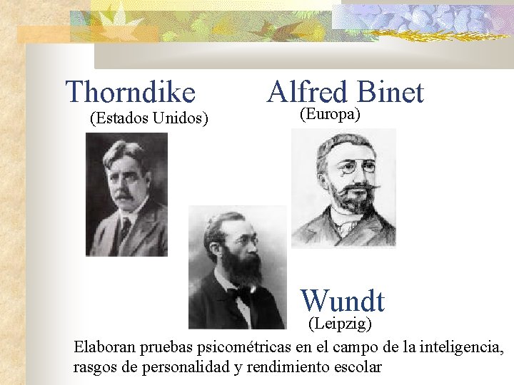 Thorndike (Estados Unidos) Alfred Binet (Europa) Wundt (Leipzig) Elaboran pruebas psicométricas en el campo