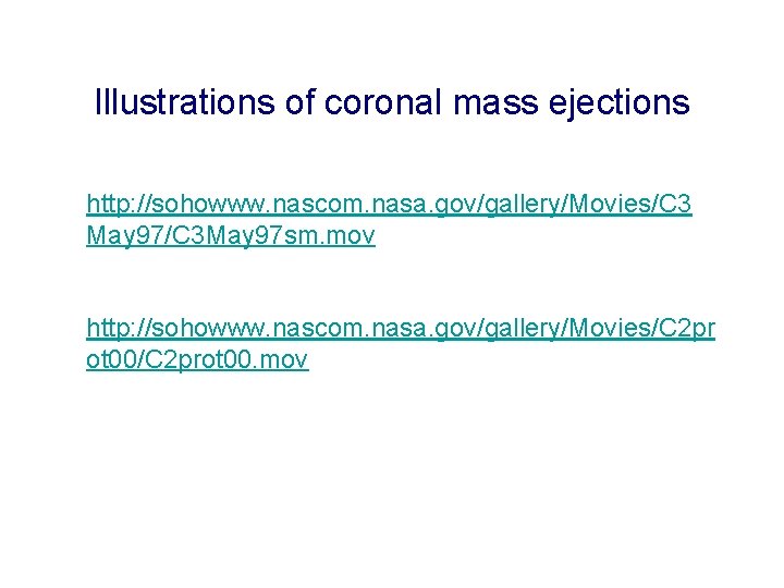 Illustrations of coronal mass ejections http: //sohowww. nascom. nasa. gov/gallery/Movies/C 3 May 97/C 3