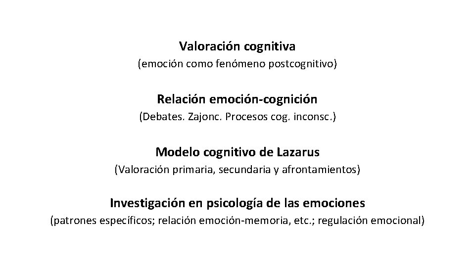 Valoración cognitiva (emoción como fenómeno postcognitivo) Relación emoción-cognición (Debates. Zajonc. Procesos cog. inconsc. )