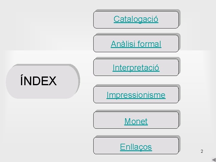 Índex Catalogació Anàlisi formal Interpretació ÍNDEX Impressionisme Monet Enllaços 2 