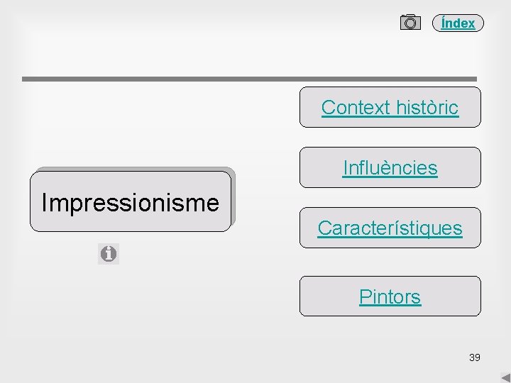 Índex Context històric Influències Impressionisme Característiques Pintors 39 