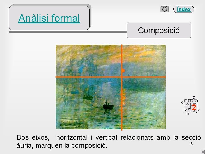 Índex Anàlisi formal Composició 2 Dos eixos, horitzontal i vertical relacionats amb la secció
