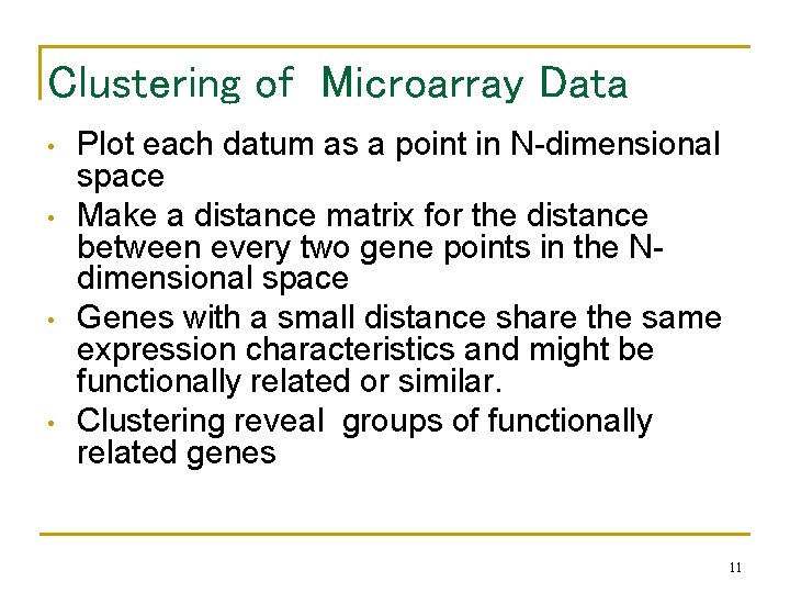 Clustering of Microarray Data • • Plot each datum as a point in N-dimensional